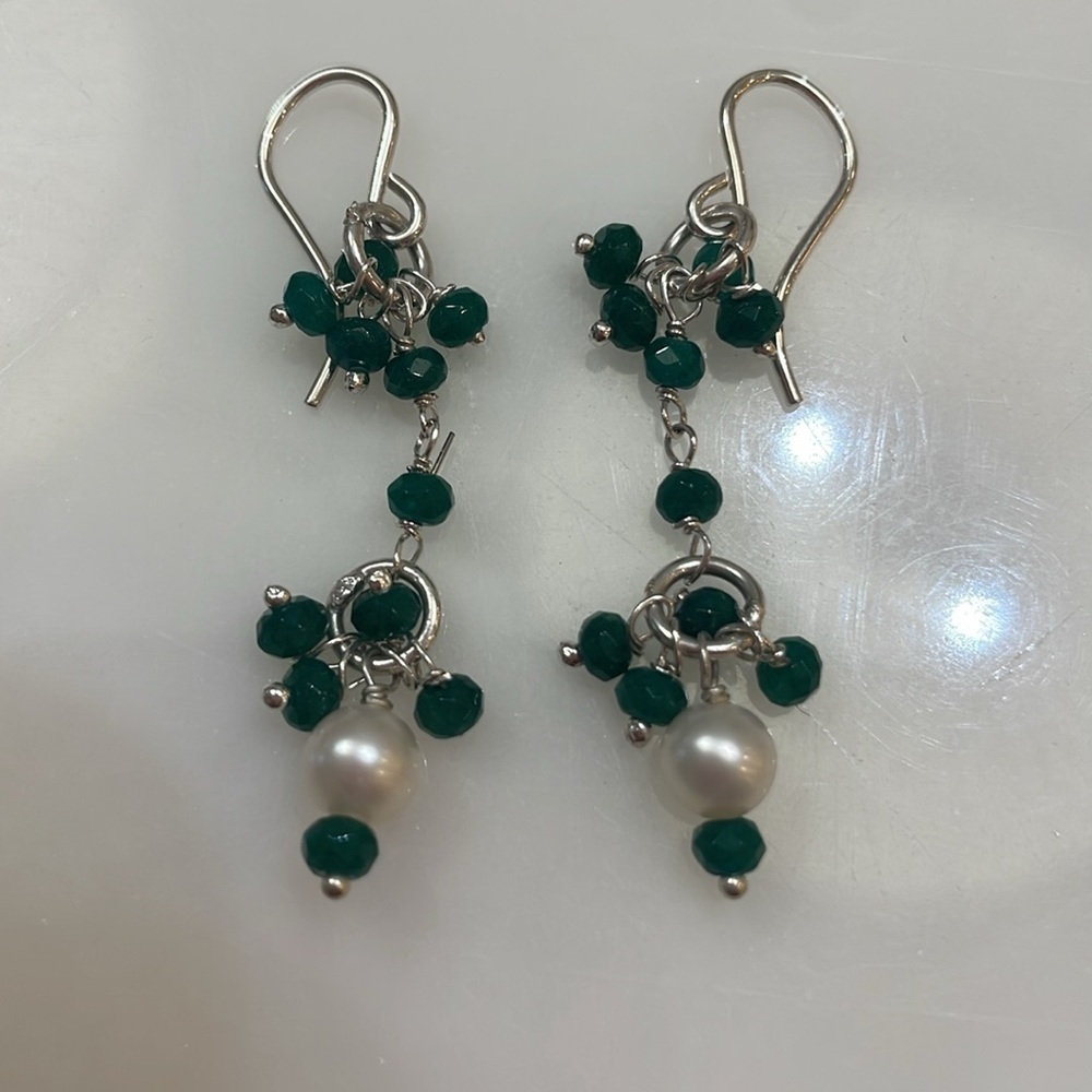 Sundance Catalog Emerald, Pearl & Sterling Silver Earrings—BEAUTIFUL!! New!